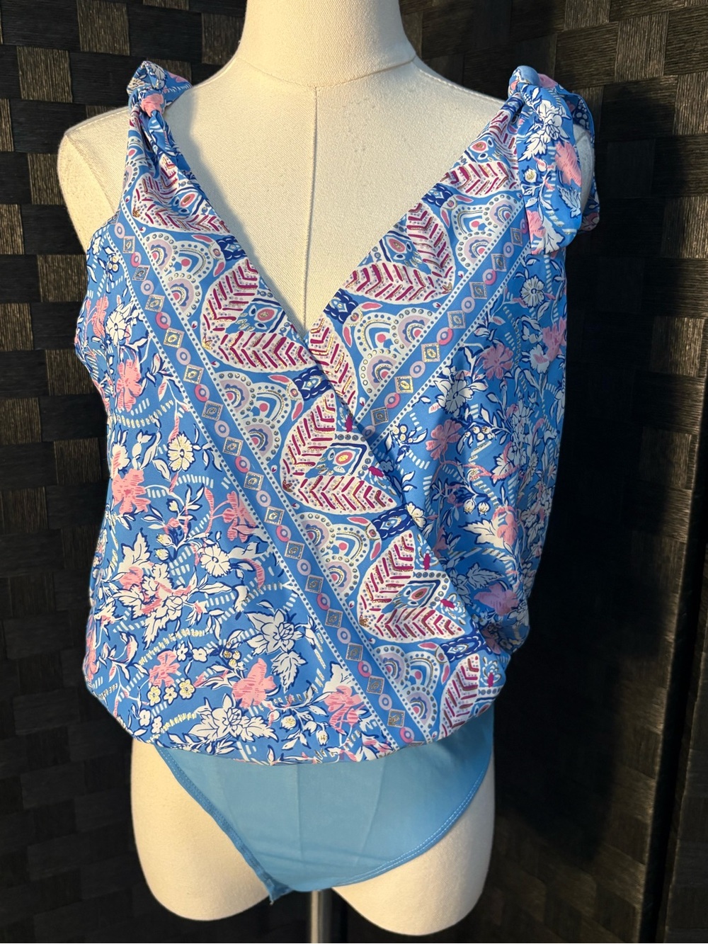 Lulus Always Blossoming Blue Multi Floral Print Tie-Strap Bodysuit Blouse